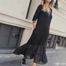 Laden Sie das Bild in den Galerie-Viewer, V-Ausschnitt Langärmliges Mesh-Patchwork-Kleid