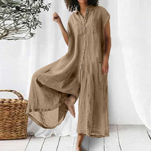 Laden Sie das Bild in den Galerie-Viewer, Sommer einfarbiger, lässiger, kurzärmliger Baumwoll-Leinen-Jumpsuit für Damen