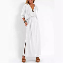 Laden Sie das Bild in den Galerie-Viewer, Lässig Farbe V-Ausschnitt Schlitz Kleid