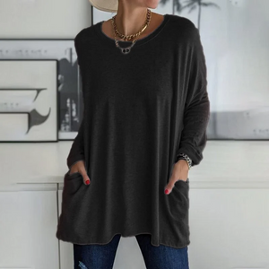 Langärmliges Einfarbiges T-Shirt mit Rundhalsausschnitt und Tasche