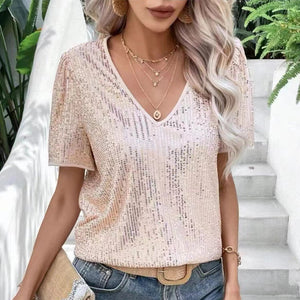 Sexy V-Ausschnitt einfarbiges Pailletten-T-Shirt mit kurzen Ärmeln