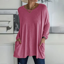 Laden Sie das Bild in den Galerie-Viewer, Langärmliges Einfarbiges T-Shirt mit Rundhalsausschnitt und Tasche