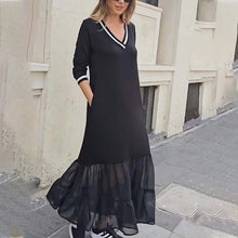Laden Sie das Bild in den Galerie-Viewer, V-Ausschnitt Langärmliges Mesh-Patchwork-Kleid