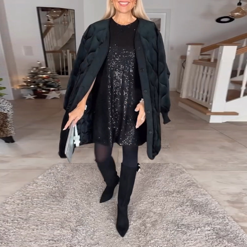 Rundhals-Kurzarm-Paillettenkleid