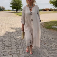 Laden Sie das Bild in den Galerie-Viewer, Lässiges Kleid aus Baumwolle und Leinen mit V-Ausschnitt
