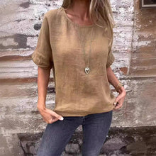 Laden Sie das Bild in den Galerie-Viewer, Einfarbiges Rundhals-Shirt aus Baumwollleinen für Damen