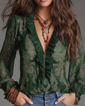 Laden Sie das Bild in den Galerie-Viewer, Retro-Bluse mit halbem Reißverschluss und Rüschen