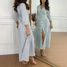 Laden Sie das Bild in den Galerie-Viewer, Stilvolles langes Hemdkleid mit gestreiften Knöpfen