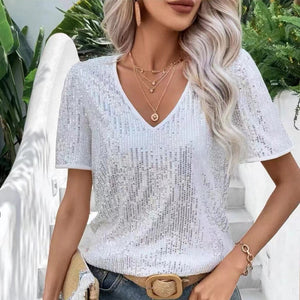 Sexy V-Ausschnitt einfarbiges Pailletten-T-Shirt mit kurzen Ärmeln