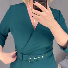 Laden Sie das Bild in den Galerie-Viewer, Kleid mit halblangen Ärmeln, gekreuztem V-Ausschnitt und Temperament und Gürtel