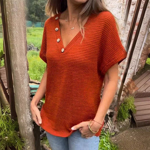Waffelgitter-Sommer-Kurzarm-T-Shirt mit V-Ausschnitt