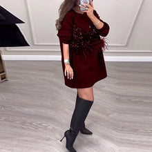 Laden Sie das Bild in den Galerie-Viewer, Modisches Patchworkkleid mit Pailletten und Federn in Volltonfarbe