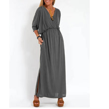 Laden Sie das Bild in den Galerie-Viewer, Lässig Farbe V-Ausschnitt Schlitz Kleid