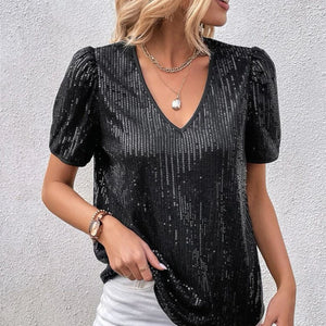 Sexy V-Ausschnitt einfarbiges Pailletten-T-Shirt mit kurzen Ärmeln