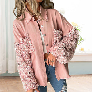 Pailletten-Patchwork-Cardigan-Jacke
