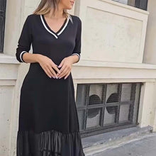 Laden Sie das Bild in den Galerie-Viewer, V-Ausschnitt Langärmliges Mesh-Patchwork-Kleid