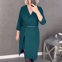 Laden Sie das Bild in den Galerie-Viewer, Kleid mit halblangen Ärmeln, gekreuztem V-Ausschnitt und Temperament und Gürtel