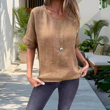 Laden Sie das Bild in den Galerie-Viewer, Einfarbiges Rundhals-Shirt aus Baumwollleinen für Damen