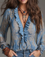 Laden Sie das Bild in den Galerie-Viewer, Retro-Bluse mit halbem Reißverschluss und Rüschen