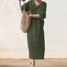 Laden Sie das Bild in den Galerie-Viewer, Sommerkleid mit V-Ausschnitt aus Leinen und Baumwolle