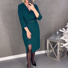 Laden Sie das Bild in den Galerie-Viewer, Kleid mit halblangen Ärmeln, gekreuztem V-Ausschnitt und Temperament und Gürtel