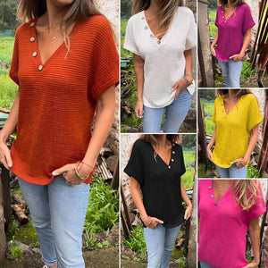 Waffelgitter-Sommer-Kurzarm-T-Shirt mit V-Ausschnitt