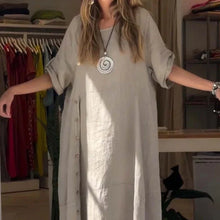 Laden Sie das Bild in den Galerie-Viewer, Damenkleid aus Baumwolle und Leinen mit seitlichen Knöpfen