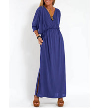 Laden Sie das Bild in den Galerie-Viewer, Lässig Farbe V-Ausschnitt Schlitz Kleid