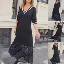 Laden Sie das Bild in den Galerie-Viewer, V-Ausschnitt Langärmliges Mesh-Patchwork-Kleid