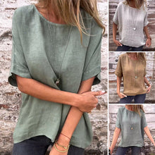 Laden Sie das Bild in den Galerie-Viewer, Einfarbiges Rundhals-Shirt aus Baumwollleinen für Damen