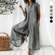 Laden Sie das Bild in den Galerie-Viewer, Sommer einfarbiger, lässiger, kurzärmliger Baumwoll-Leinen-Jumpsuit für Damen
