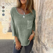 Laden Sie das Bild in den Galerie-Viewer, Lässiges T-Shirt mit Rundhalsausschnitt aus Baumwolle und Leinen mit Tasche