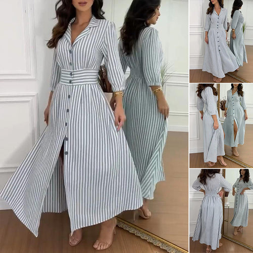 Stilvolles langes Hemdkleid mit gestreiften Knöpfen
