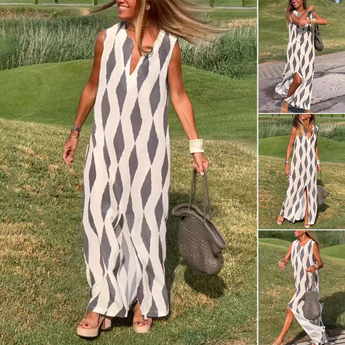 Langes Kleid mit Schlitz und Rautenmuster