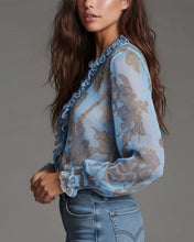 Laden Sie das Bild in den Galerie-Viewer, Retro-Bluse mit halbem Reißverschluss und Rüschen