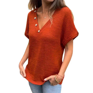 Waffelgitter-Sommer-Kurzarm-T-Shirt mit V-Ausschnitt