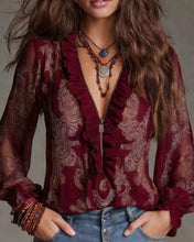 Laden Sie das Bild in den Galerie-Viewer, Retro-Bluse mit halbem Reißverschluss und Rüschen