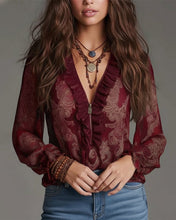 Laden Sie das Bild in den Galerie-Viewer, Retro-Bluse mit halbem Reißverschluss und Rüschen