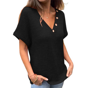 Waffelgitter-Sommer-Kurzarm-T-Shirt mit V-Ausschnitt