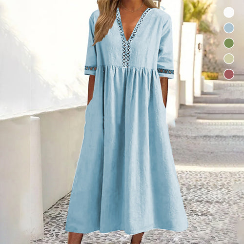 Taillenbetontes Spitzenkleid mit V-Ausschnitt