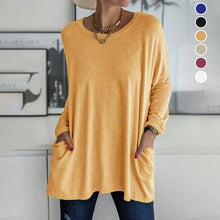 Laden Sie das Bild in den Galerie-Viewer, Langärmliges Einfarbiges T-Shirt mit Rundhalsausschnitt und Tasche
