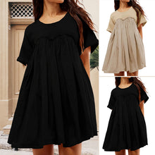 Laden Sie das Bild in den Galerie-Viewer, Einfarbiges plissiertes lockeres Kurzarmkleid, kurzer Rock