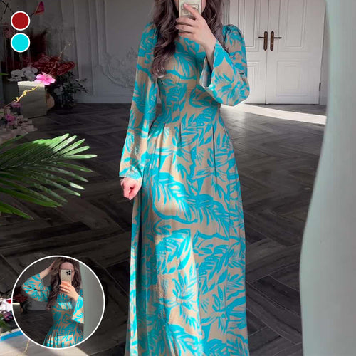 Bedrucktes langärmeliges Midikleid mit Taille