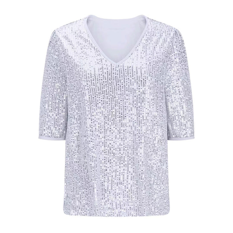 Sexy V-Ausschnitt einfarbiges Pailletten-T-Shirt mit kurzen Ärmeln