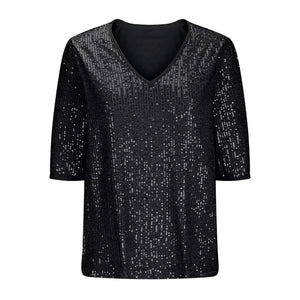 Sexy V-Ausschnitt einfarbiges Pailletten-T-Shirt mit kurzen Ärmeln