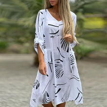 Laden Sie das Bild in den Galerie-Viewer, Kleid mit V-Ausschnitt aus Baumwolle und Leinen