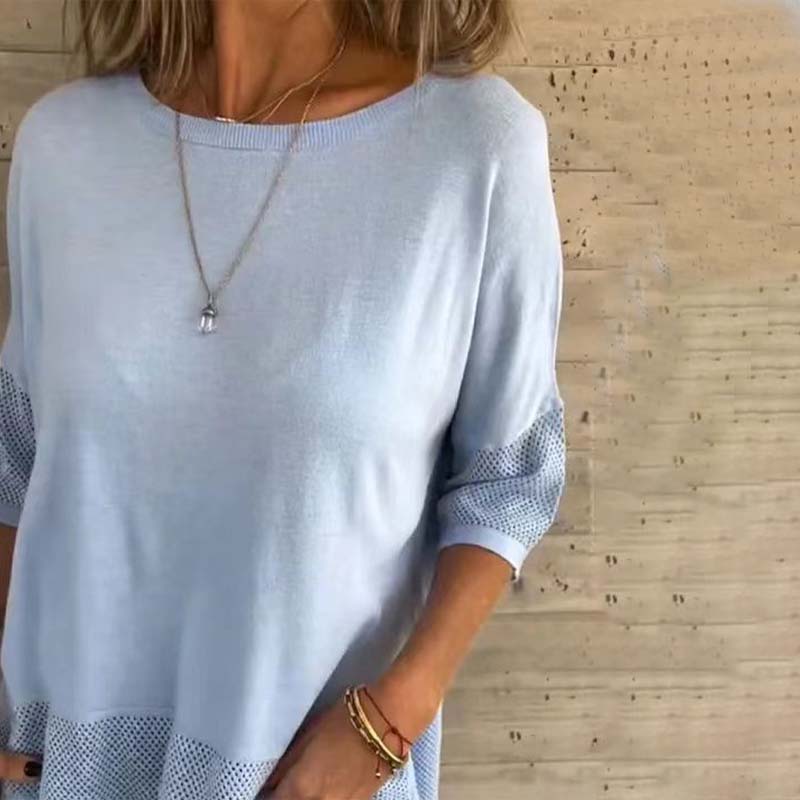 Lässiges, einfarbiges Rundhals-T-Shirt mit 3/4-Ärmeln für Damen