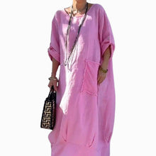 Laden Sie das Bild in den Galerie-Viewer, Einfarbig Tasche Rundhalsausschnitt Langes Kleid