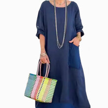 Laden Sie das Bild in den Galerie-Viewer, Einfarbig Tasche Rundhalsausschnitt Langes Kleid