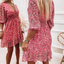 Laden Sie das Bild in den Galerie-Viewer, Damen bedrucktes mittelhohes Blumenkleid mit Puffärmeln